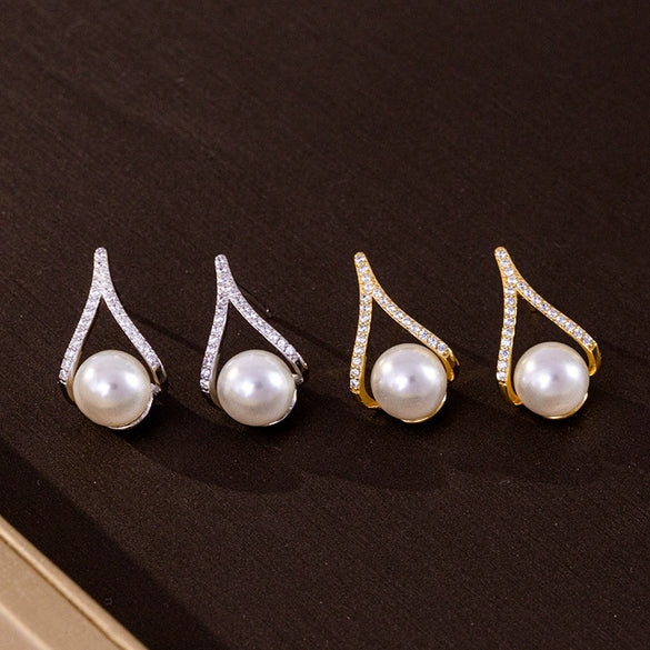 925 Sterling Silver Geometric Pearl Earrings For Women Electroplated Minimalist Elegant Jewelry