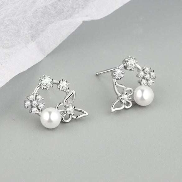 925 Sterling Silver Geometric Pearl Stud Earrings For Women Elegant Electroplated Versatile Jewelry