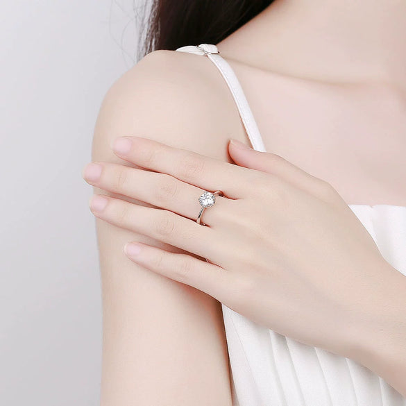 925 Sterling Silver Geometric Petal Four Claw Moissanite Ring For Women Electroplated Open Adjustable Band
