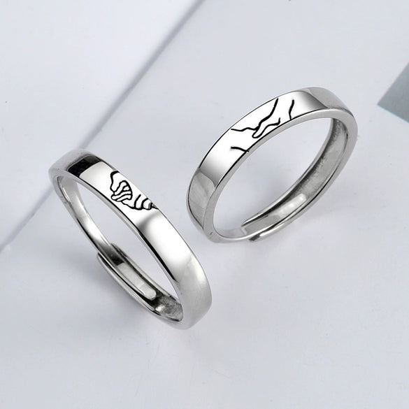 Sterling Silver Geometric Retro Adjustable Open Couple Rings Simple Plain Band Pair For Men And Women