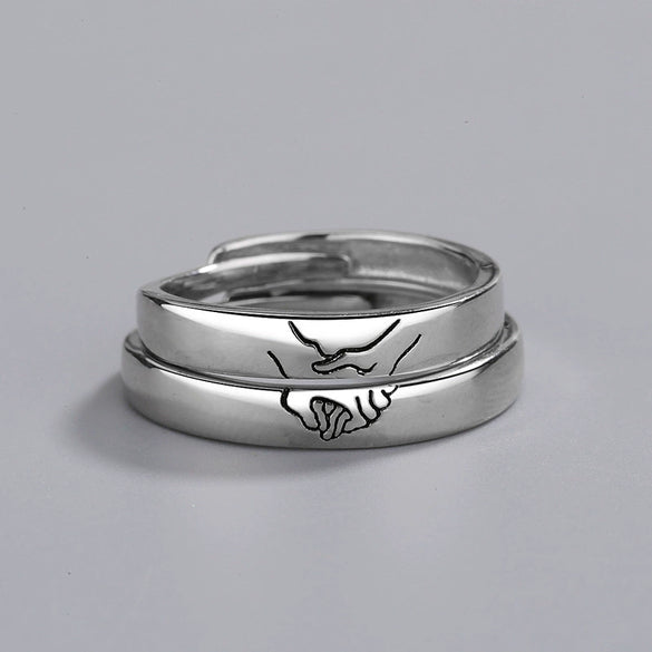 Sterling Silver Geometric Retro Adjustable Open Couple Rings Simple Plain Band Pair For Men And Women