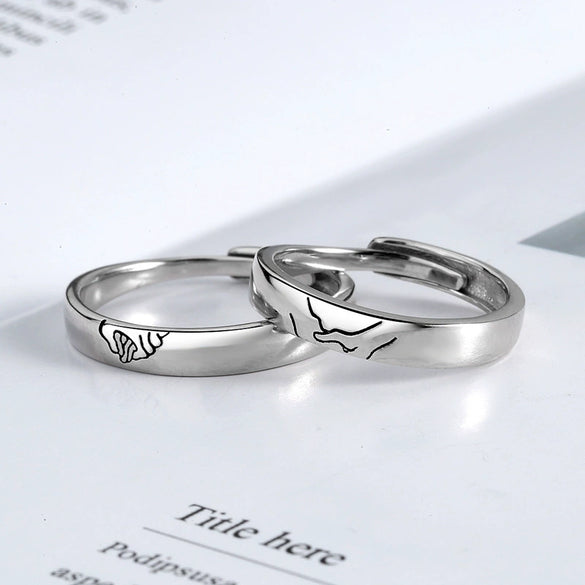 Sterling Silver Geometric Retro Adjustable Open Couple Rings Simple Plain Band Pair For Men And Women