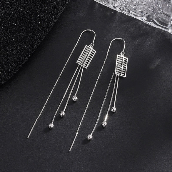 925 Sterling Silver Geometric Round Bead Abacus Long Tassel Threader Earrings Elegant Light Luxury Style