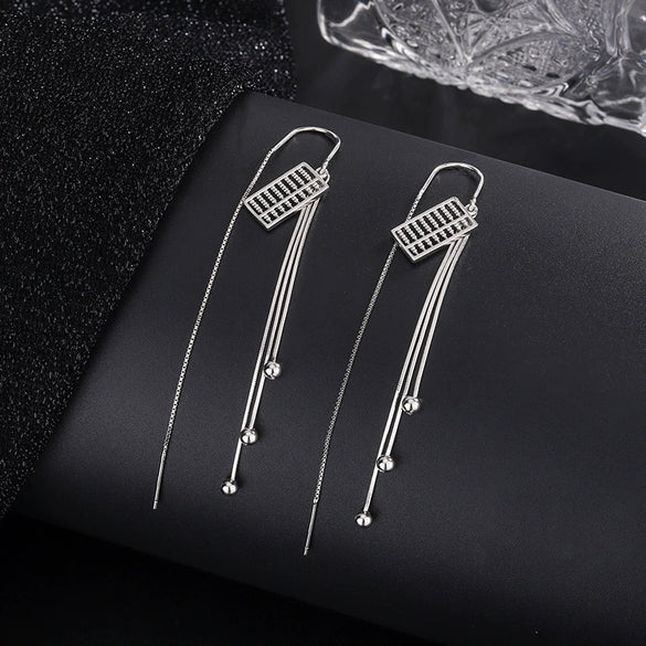 925 Sterling Silver Geometric Round Bead Abacus Long Tassel Threader Earrings Elegant Light Luxury Style