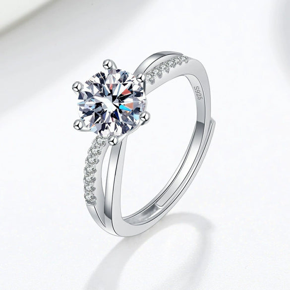 Sterling Silver Geometric Six Claw Moissanite Ring For Women Adjustable Open Band Electroplated Fashion Statement Ring