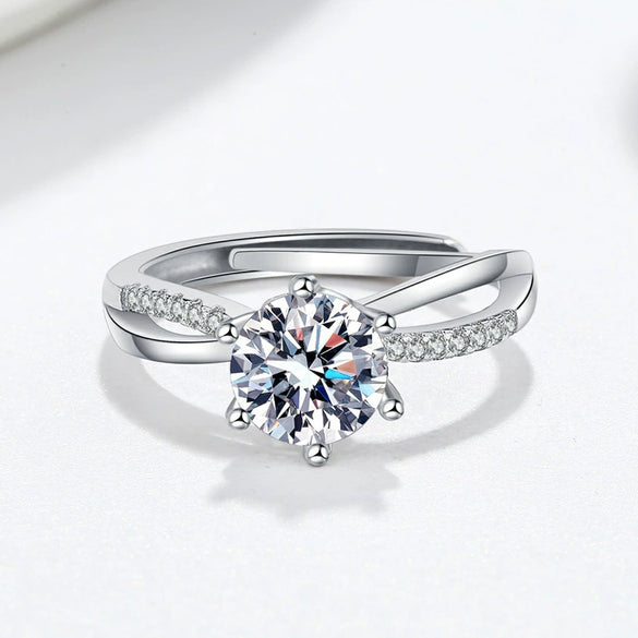 Sterling Silver Geometric Six Claw Moissanite Ring For Women Adjustable Open Band Electroplated Fashion Statement Ring