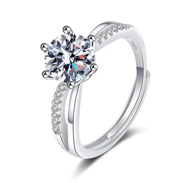 Sterling Silver Geometric Six Claw Moissanite Ring For Women Adjustable Open Band Electroplated Fashion Statement Ring