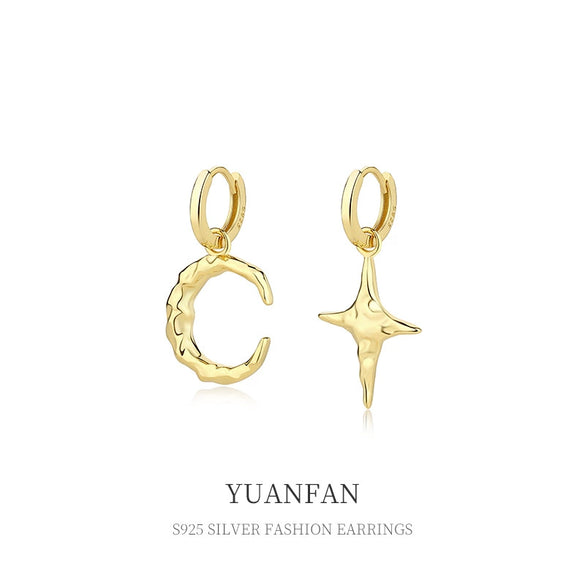 925 Sterling Silver Geometric Small Star Moon Asymmetric Women's Earrings