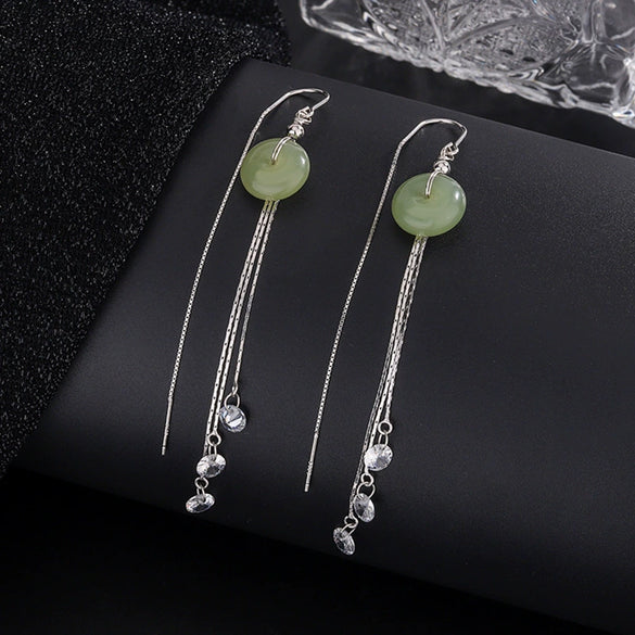 925 Sterling Silver Geometric Tassel Earrings With Jade And Zircon Retro Elegant Dangle Earrings For Women