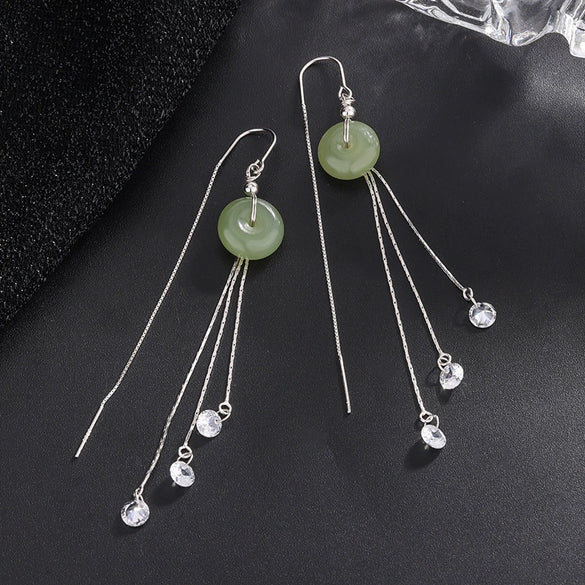 925 Sterling Silver Geometric Tassel Earrings With Jade And Zircon Retro Elegant Dangle Earrings For Women