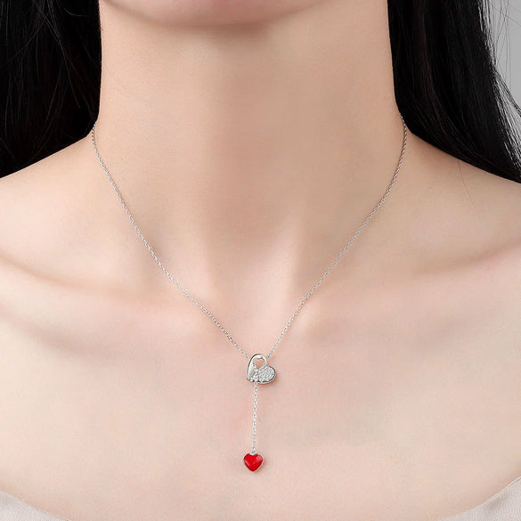 925 Sterling Silver Geometric Tassel Necklace With Crystal Heart Pendant Two Tone Electroplated Clavicle Chain For Women