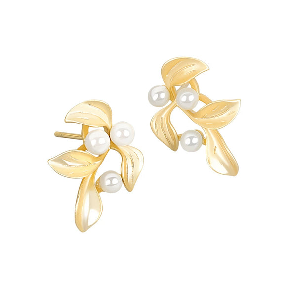 925 Sterling Silver Gold Leaf Pearl Geometric Earrings Simple Exquisite Electroplated Small Stud Earrings For Women
