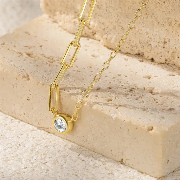 Sterling Silver Gold Plated Inlay Geometric Zircon Necklace