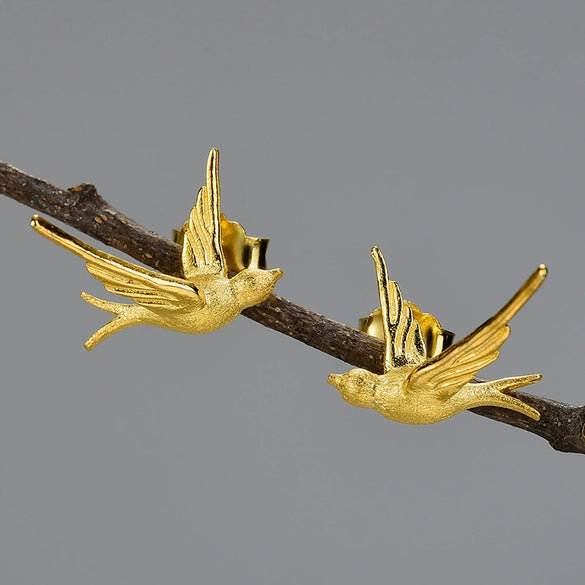 925 Sterling Silver Handmade Swallow Animal Zodiac Earrings With Pendant Electroplated