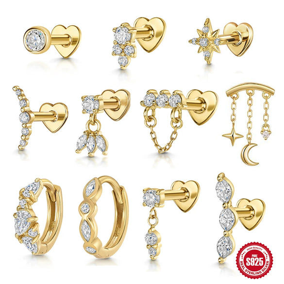 925 Sterling Silver Heart And Eightpointed Star Piercing Earrings With Geometric Elements And Zirconia Inlay