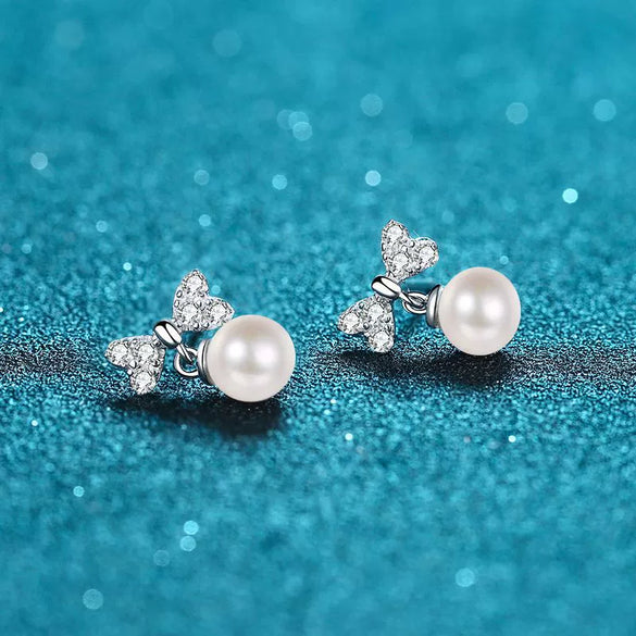 925 Sterling Silver Heart Bow Earrings With Freshwater Pearl And Floral Style Electroplated Design For Women