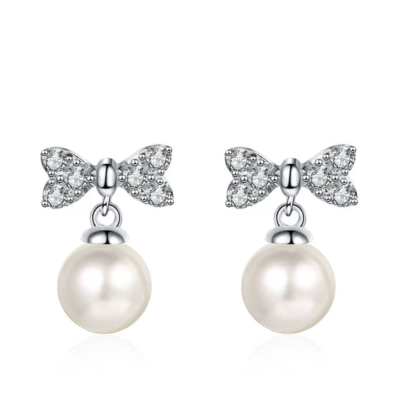 925 Sterling Silver Heart Bow Earrings With Freshwater Pearl And Floral Style Electroplated Design For Women