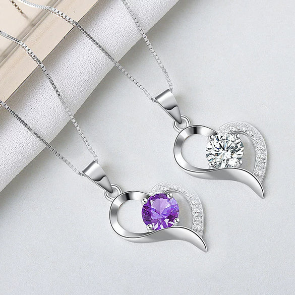 Sterling Silver Heart Pendant Necklace With Mixed Gem Inlay Electroplated Simple Fashion Jewelry