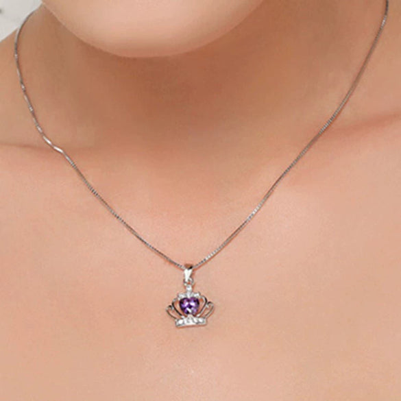 Sterling Silver Heartshaped Zircon Crown Pendant Necklace Elegant Electroplated Women's Jewelry For Wholesale