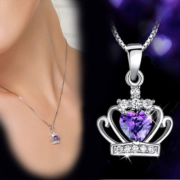 Sterling Silver Heartshaped Zircon Crown Pendant Necklace Elegant Electroplated Women's Jewelry For Wholesale
