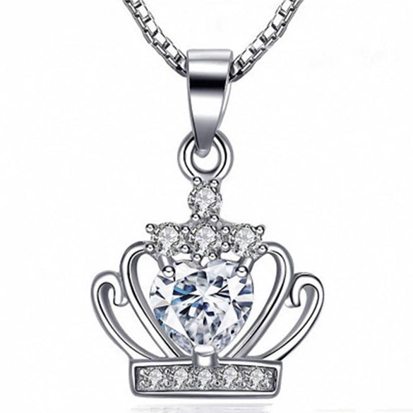 Sterling Silver Heartshaped Zircon Crown Pendant Necklace Elegant Electroplated Women's Jewelry For Wholesale