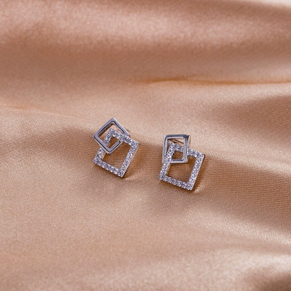 Sterling Silver Hollow Geometric Square Earrings With Zircon Accents Simple Electroplated Women's Jewelry