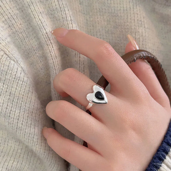 Sterling Silver IG Style Casual Inlay Heart Shape Agate Adjustable Ring