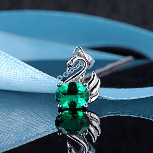 Sterling Silver IG Style Sweet Water Ripples Inlay Swan Lab-Grown Gemstone Pendant Necklace