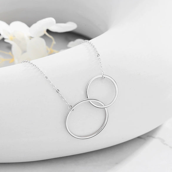 Sterling Silver Interlocking Double Circle Pendant Necklace For Women Geometric Minimalist Collarbone Chain Jewelry