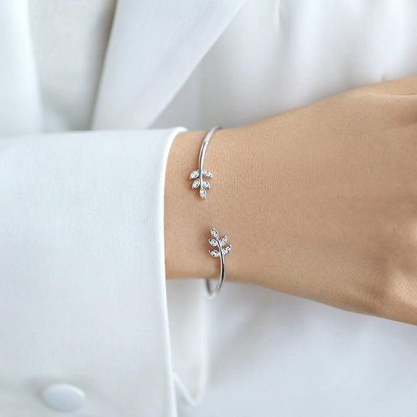 925 Sterling Silver Leaf Diamondinlaid Seiko Bracelet Ins Style Plants Flowers Design
