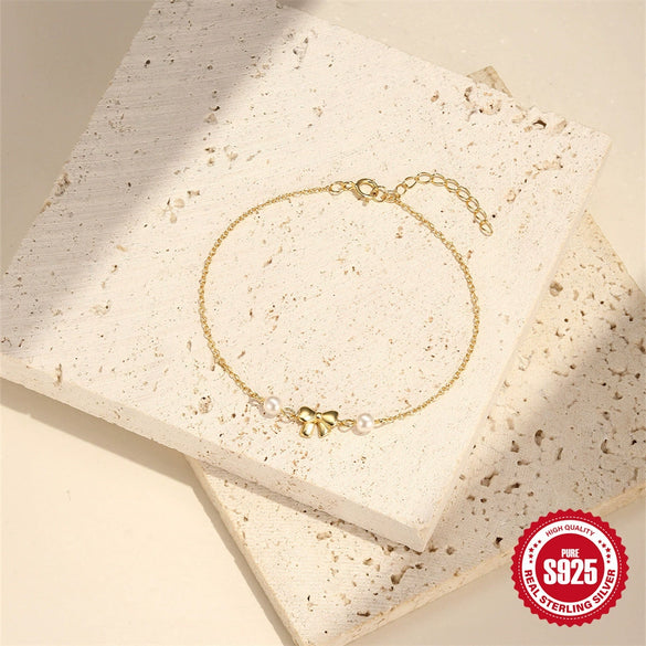 925 Sterling Silver Love Bow Geometric Minimalist Electroplated Pearl Bracelet For Women