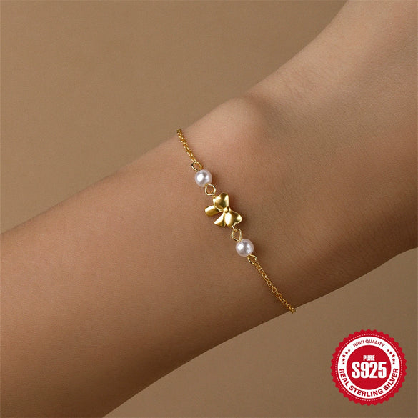 925 Sterling Silver Love Bow Geometric Minimalist Electroplated Pearl Bracelet For Women