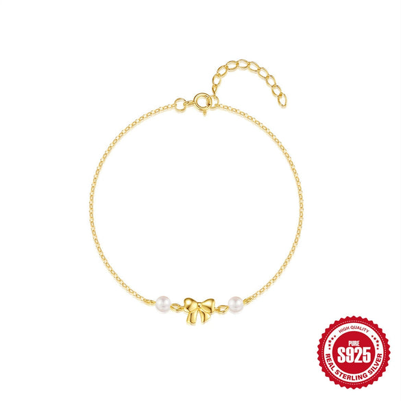 925 Sterling Silver Love Bow Geometric Minimalist Electroplated Pearl Bracelet For Women