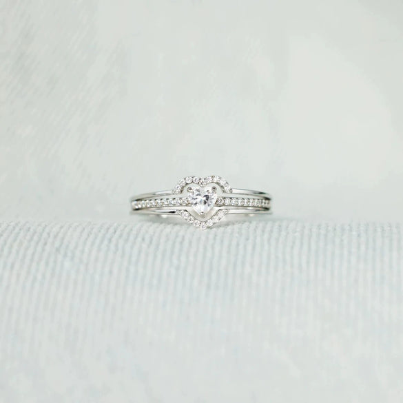 Sterling Silver 925 Love Shape Double Ring Set Geometric Style Electroplated For Women