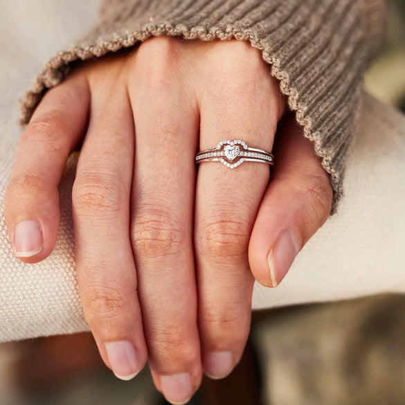Sterling Silver 925 Love Shape Double Ring Set Geometric Style Electroplated For Women