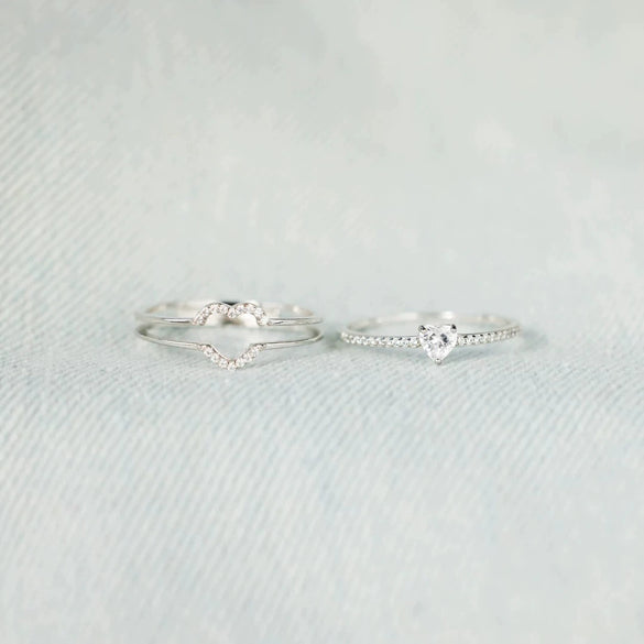 Sterling Silver 925 Love Shape Double Ring Set Geometric Style Electroplated For Women