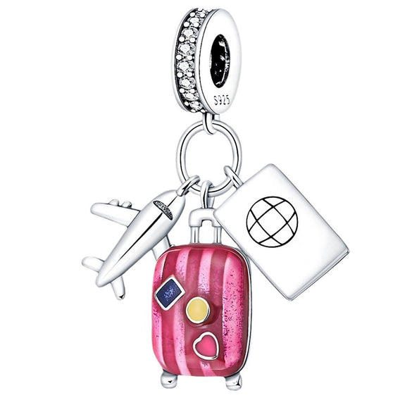 925 Sterling Silver Luggage Aircraft Passport Diy Jewelry Accessories Pendant Bracelet With Dripping Oil Design
