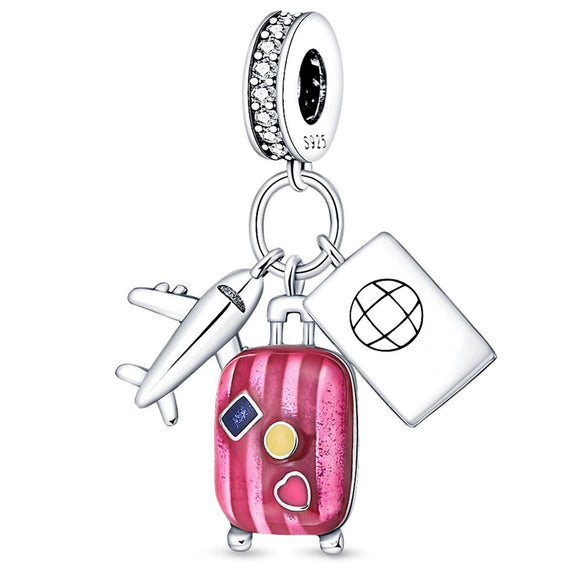 925 Sterling Silver Luggage Aircraft Passport Diy Jewelry Accessories Pendant Bracelet With Dripping Oil Design