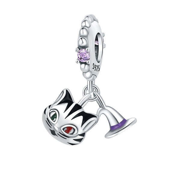 Sterling Silver 925 Magic Cat Pendant Epoxy Original Design Animal Charm For Diy Bracelet Necklace