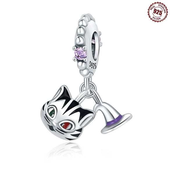 Sterling Silver 925 Magic Cat Pendant Epoxy Original Design Animal Charm For Diy Bracelet Necklace
