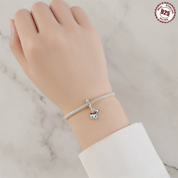 Sterling Silver 925 Magic Cat Pendant Epoxy Original Design Animal Charm For Diy Bracelet Necklace