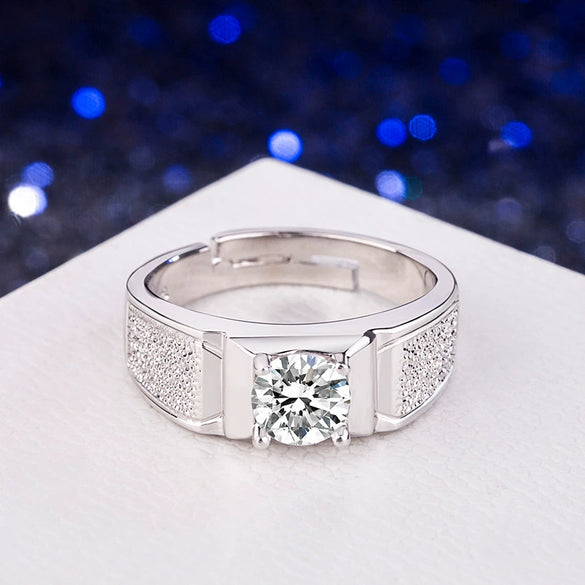 925 Sterling Silver Men's Geometric Adjustable Ring With Sandblasted Finish And Simulated Diamond Electroplated Fashion Jewelry