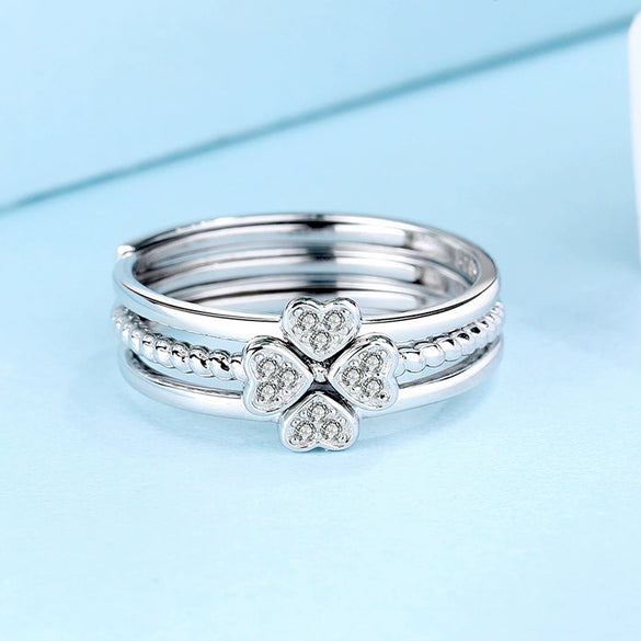925 Sterling Silver Minimalist Four Leaf Clover Detachable Adjustable Ring For Women Diamond Inlay Lucky Floral Jewelry