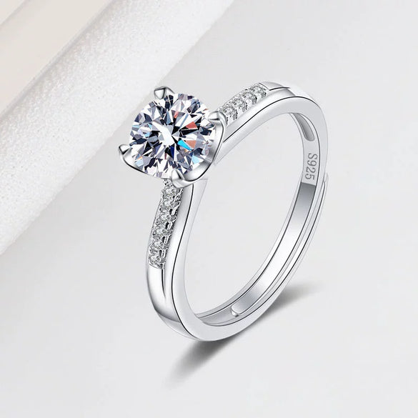 Sterling Silver Moissanite Open Ring For Women Geometric Four Prong Adjustable Wedding Birthday Gift Electroplated Fine Jewelry