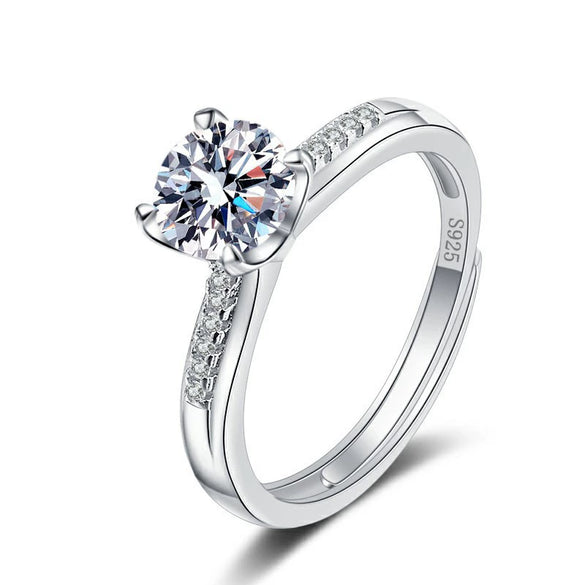 Sterling Silver Moissanite Open Ring For Women Geometric Four Prong Adjustable Wedding Birthday Gift Electroplated Fine Jewelry