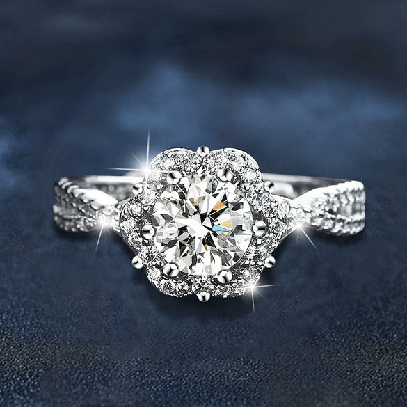 Sterling Silver Moissanite Ring With Rhombus Pattern And Diamond Treatment For Women
