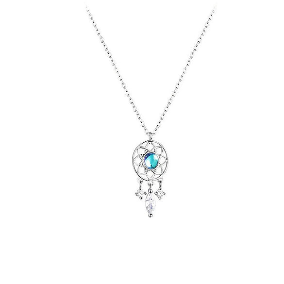 Sterling Silver Moonstone Necklace With Geometric Drop Pendant And Dreamcatcher Inspired Design For Women