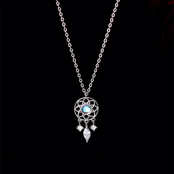 Sterling Silver Moonstone Necklace With Geometric Drop Pendant And Dreamcatcher Inspired Design For Women