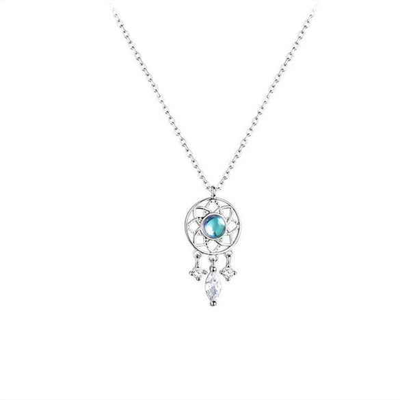 Sterling Silver Moonstone Necklace With Geometric Drop Pendant And Dreamcatcher Inspired Design For Women