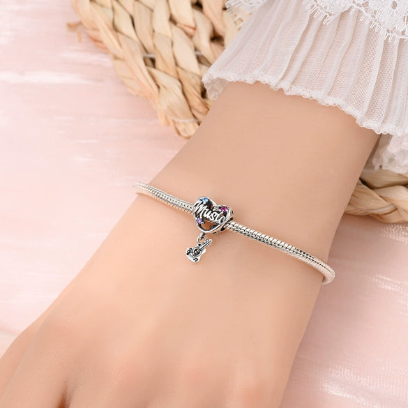 Sterling Silver Music Series Guitar Harp Bag Charm Beads Diy Jewelry Bracelet Accessories Dripping Oil Style